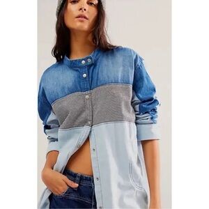 NWT💙Free People We the Free Moto Striped Denim Button Down Top XL